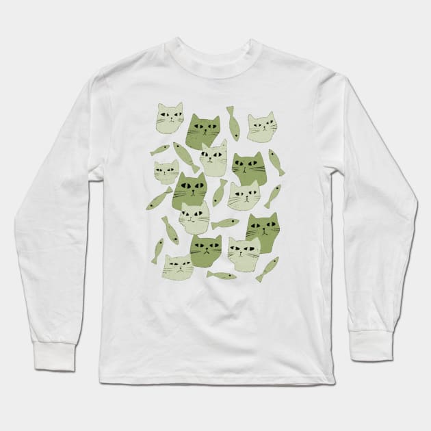 Strange green cats with black eyes and green fish Long Sleeve T-Shirt by iulistration